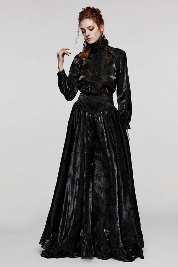 Black Stand Collar Long Lantern Sleeves Rose Print Hook-Button Womens Gothic Blouse