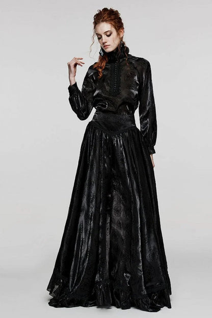 Black Stand Collar Long Lantern Sleeves Rose Print Hook-Button Womens Gothic Blouse