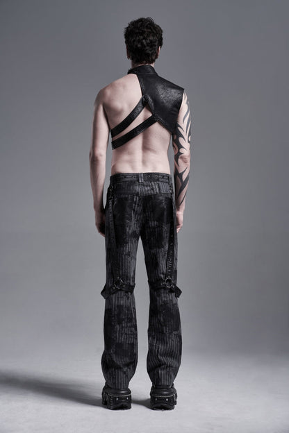 Black Stand Collar Sleeveless Irregular Asymmetric Studded Chain-Decorated Men's Gothic Handsome Cool Shoulder Harnesses