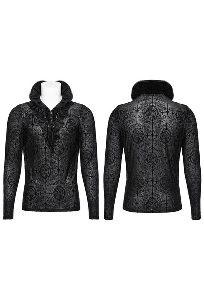 Black Stand Collar Long Sleeves Print Ruffle Men's Gothic Blouse