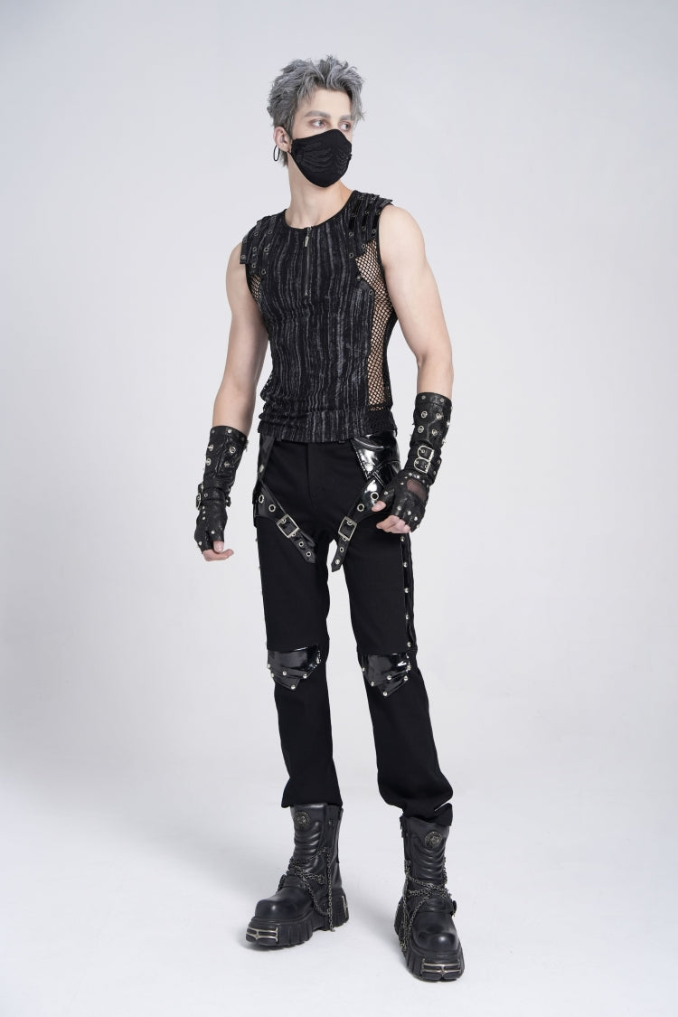 Black Sleeveless Ribbed Print Stitching Mesh Zipper Men's Gothic Vest
