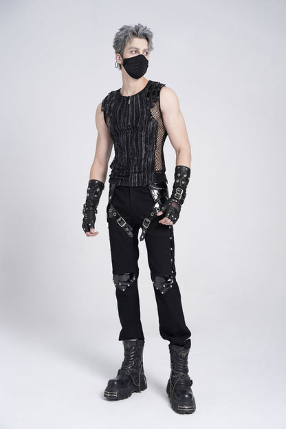 Black Sleeveless Ribbed Print Stitching Mesh Zipper Men's Gothic Vest