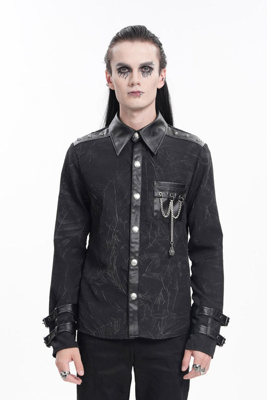 Black Lapel Collar Long Sleeves Buckle Chain Men's Gothic Blouse