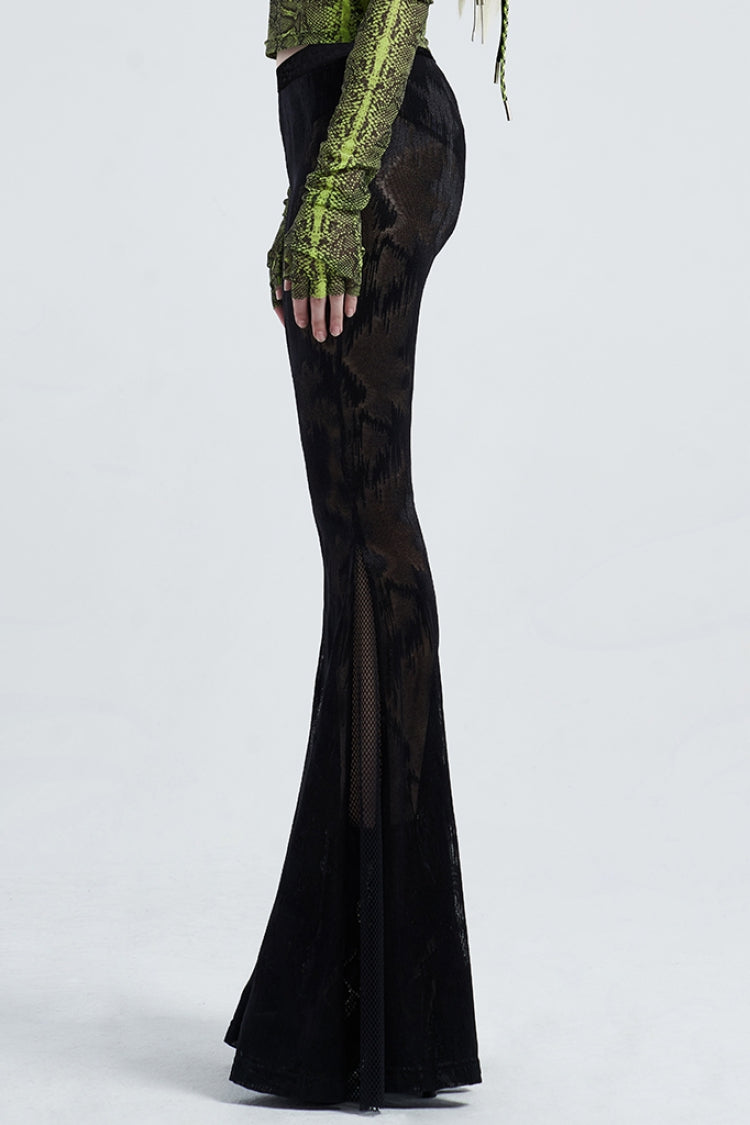 Black Python Print Mesh Women's Gothic Flared Pants