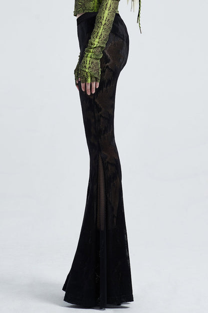 Black Python Print Mesh Women's Gothic Flared Pants