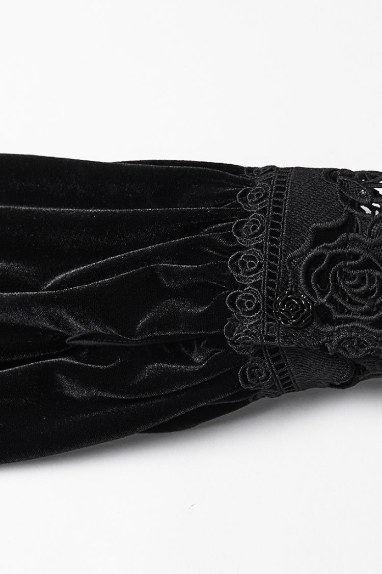 Black Stand Collar Long Puff Sleeves Floral Embroidered Lace-Up Women's Gothic Blouse