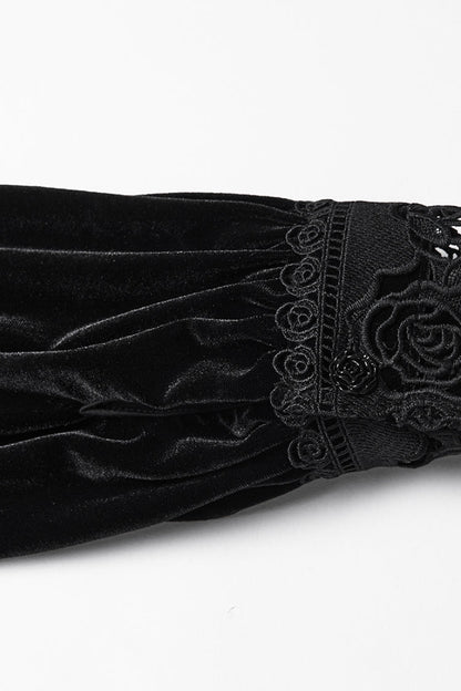 Black Stand Collar Long Puff Sleeves Floral Embroidered Lace-Up Women's Gothic Blouse