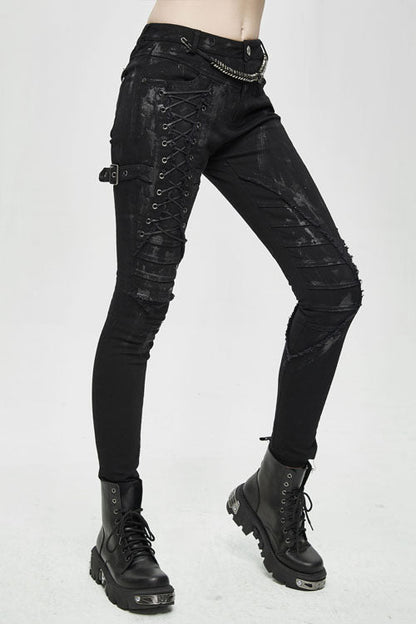 Black Punk Hand Painted Laced Up Legs Cool Womens Pants