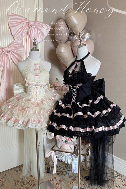 Black [Ballet Dream] Halterneck Triple-Layered Ruffle Bowknot Lace-Up Sweet Princess Lolita Dress