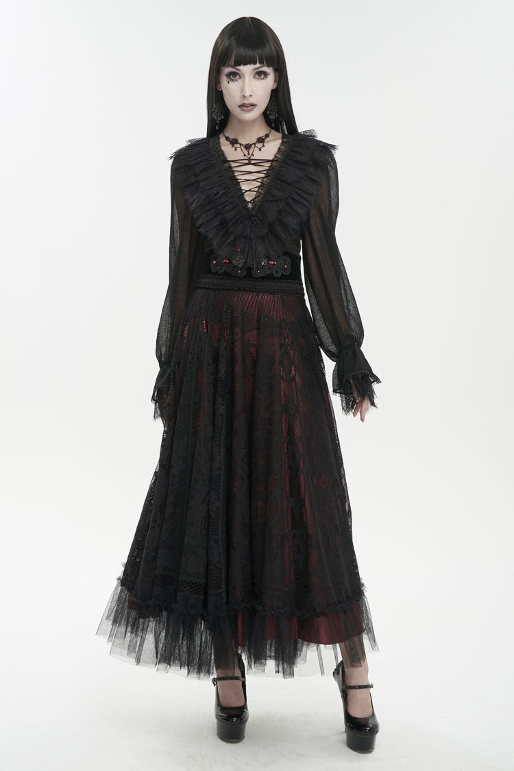 Black Thin Waist Plaid Stitching Layered Lace Long Sleeves Women's Gothic Shirt