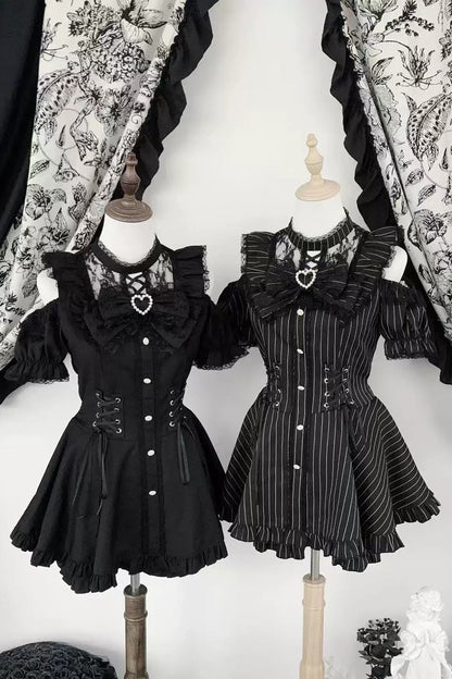 [Silver Candle Elegy”] Short Sleeves Printed Ruffled Cut-Out Bow Gothic Jirai Kei Top and Shorts Set 2 Colors