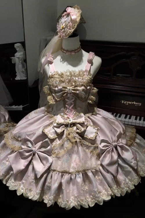 Sweet Sleeveless Ruffled Foil-Stamped Embroidered Open-Front Bow Lace Gorgeous Lolita Jsk Dress 4 Colors