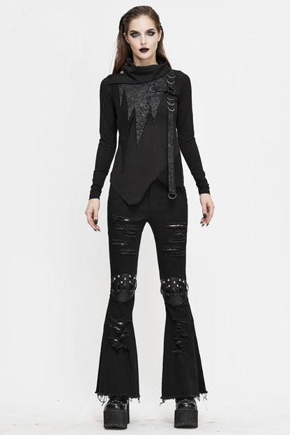 Black Punk Nailed Knee Cutoff Bellbottomed Womens Pants