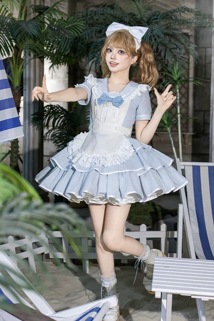 Blue [Seven Day Bell] Navy Collar Short Sleeves Printed Ruffled Bow Sweet Lolita Dress 2 Versions