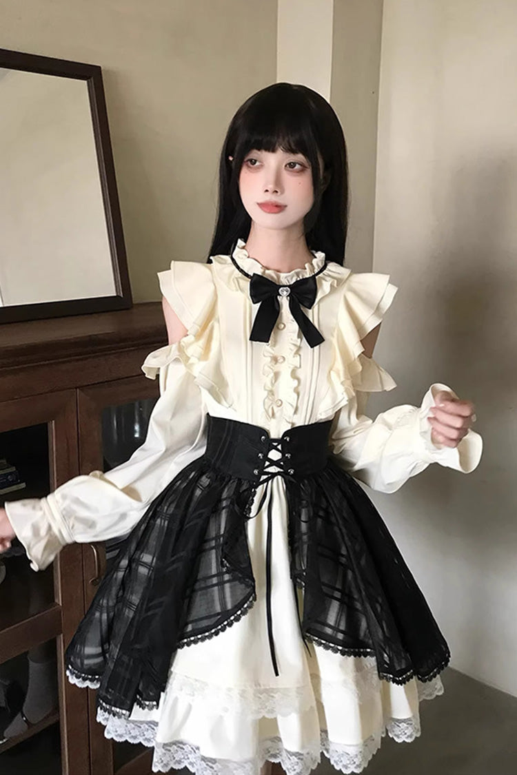 Black/Beige [Dark Chocolate Champagne] Stand Collar Off Shoulder Long Sleeves Double-Layered Ruffled Sweet Japanese Lolita Dress