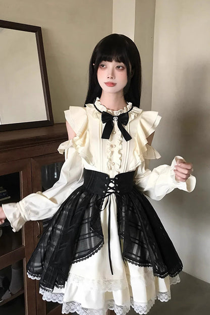 Black/Beige [Dark Chocolate Champagne] Stand Collar Off Shoulder Long Sleeves Double-Layered Ruffled Sweet Japanese Lolita Dress