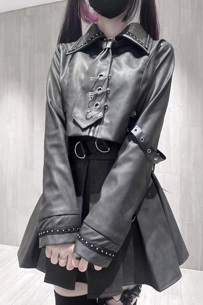 Black [Eternal Night of Bones] Lapel Collar Long Sleeves Studded Eyelet Gothic Jirai Kei Japanese Handsome Top and Skirt Set