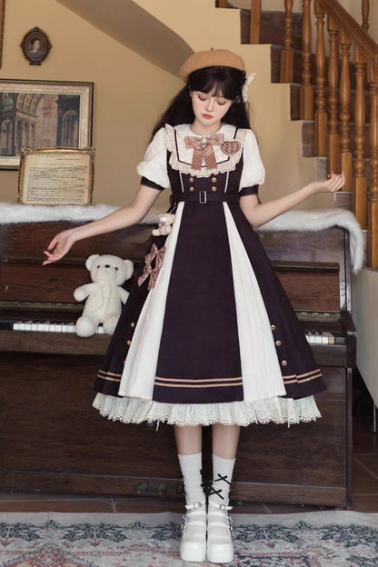 Black/White Chocolate Workshop Long Version Elegant Short Puff Sleeves Sweet Lolita Dress (Plus Size Version)