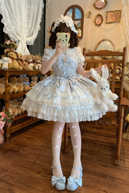 Blue [Snow Kissed Romance] Sleeveless High Waisted Multi-Layered Bowknot Lace Pearl Sweet Ballet Lolita Jsk Dress