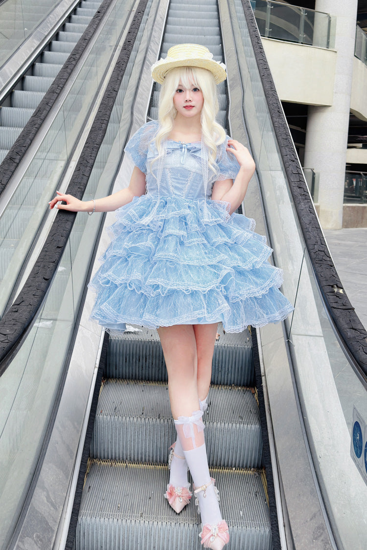 Blue Short Sleeves Multi-Layered Ruffle Hanayome Bowknot Lace Plus Size Sweet Lolita Dress