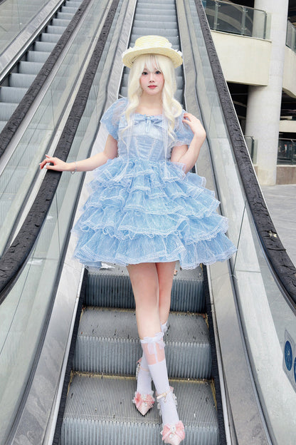 Blue Short Sleeves Multi-Layered Ruffle Hanayome Bowknot Lace Plus Size Sweet Lolita Dress