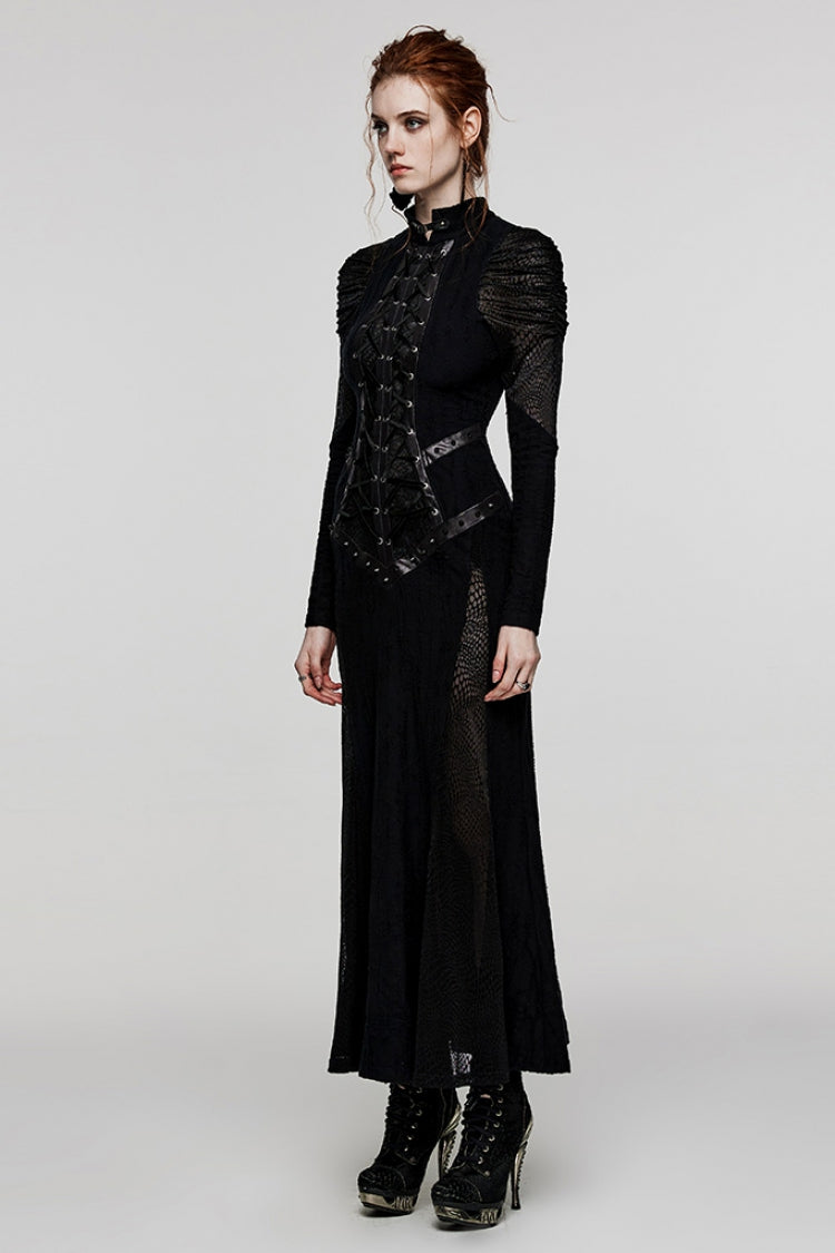 Black Stand Collar Snake Print Stitching Lace-Up Mesh Women's Gothic Dress