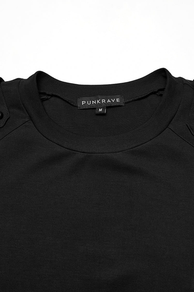 Black Round Collar Long Sleeves Cut-Out Spliced Mesh Men's Punk T-Shirt