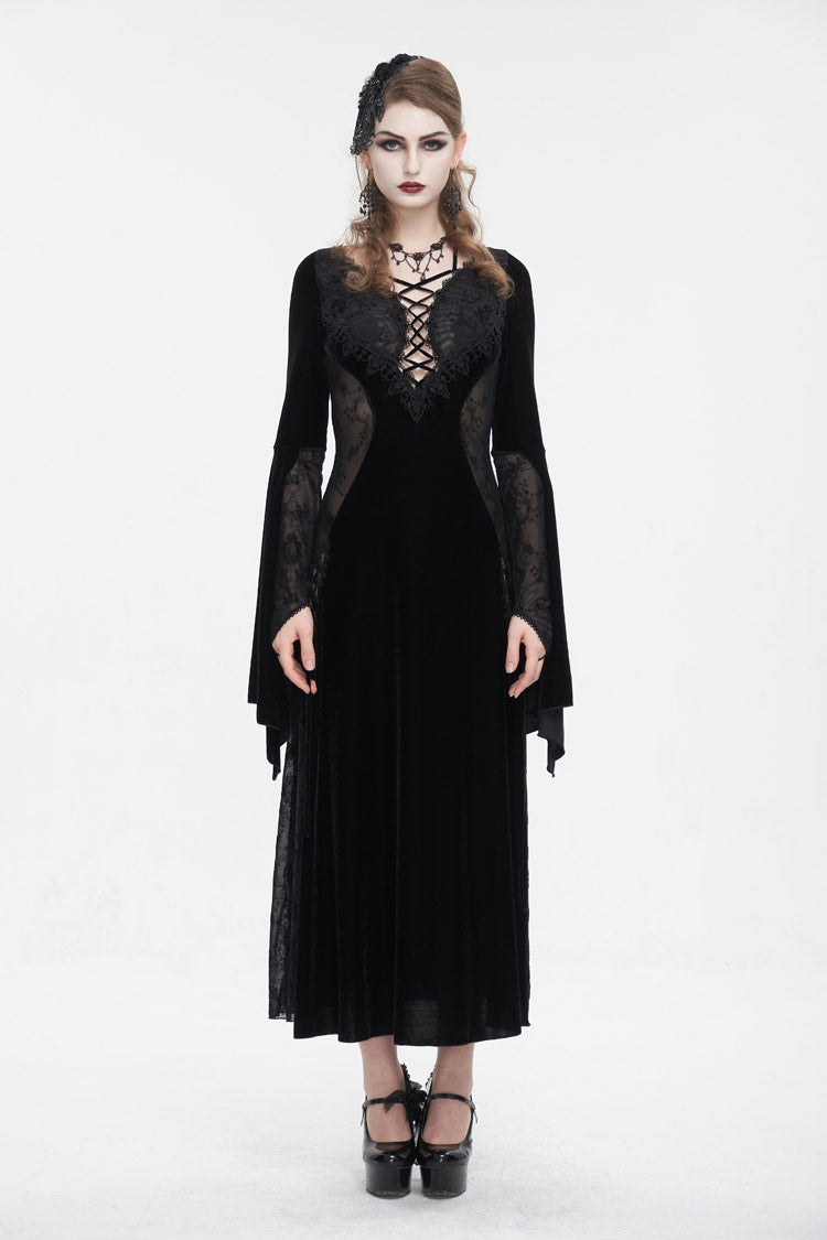 Black Velvet Mesh Splice Long Women's Gothic Dress