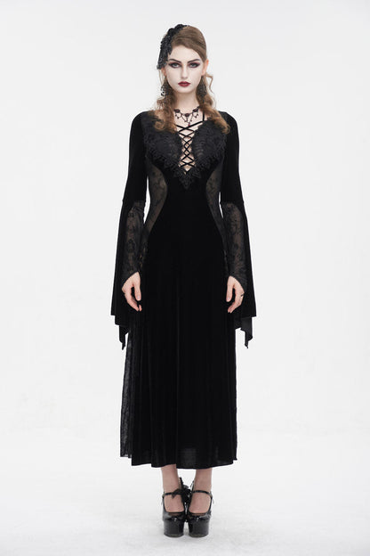 Black Velvet Mesh Splice Long Women's Gothic Dress