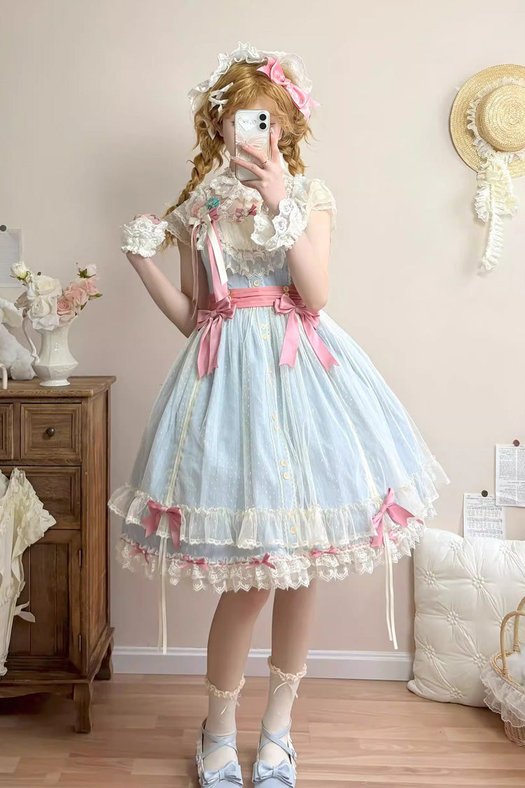 Blue [Sakura’s Spring Resonance] Sleeveless Ruffled Bow Sweet Lolita Jsk Dress (Short Version)