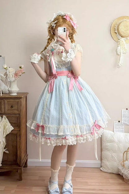 Blue [Sakura’s Spring Resonance] Sleeveless Ruffled Bow Sweet Lolita Jsk Dress (Short Version)