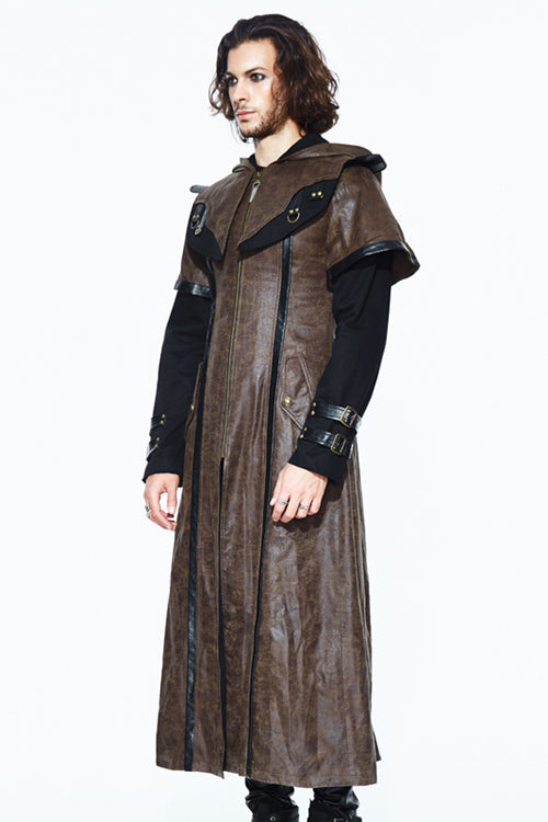 Double Sleeves Steampunk Brown Leather Hooded Mens Long Coat