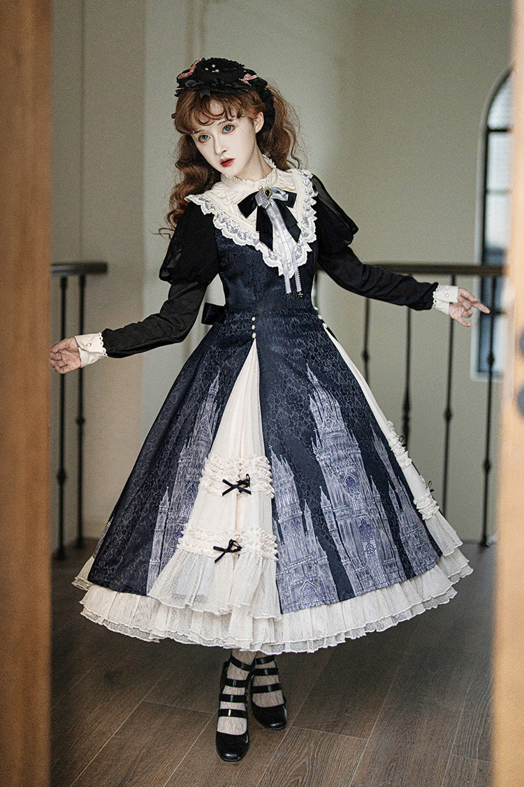 Black/White Church Bells Print Ruffle Cardigan Bowknot Gothic Elegant Lolita Dress