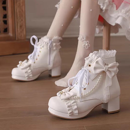 Sweet Ruffled Bow Pearl-Decorated Lolita Ankle Boots 3 Colors