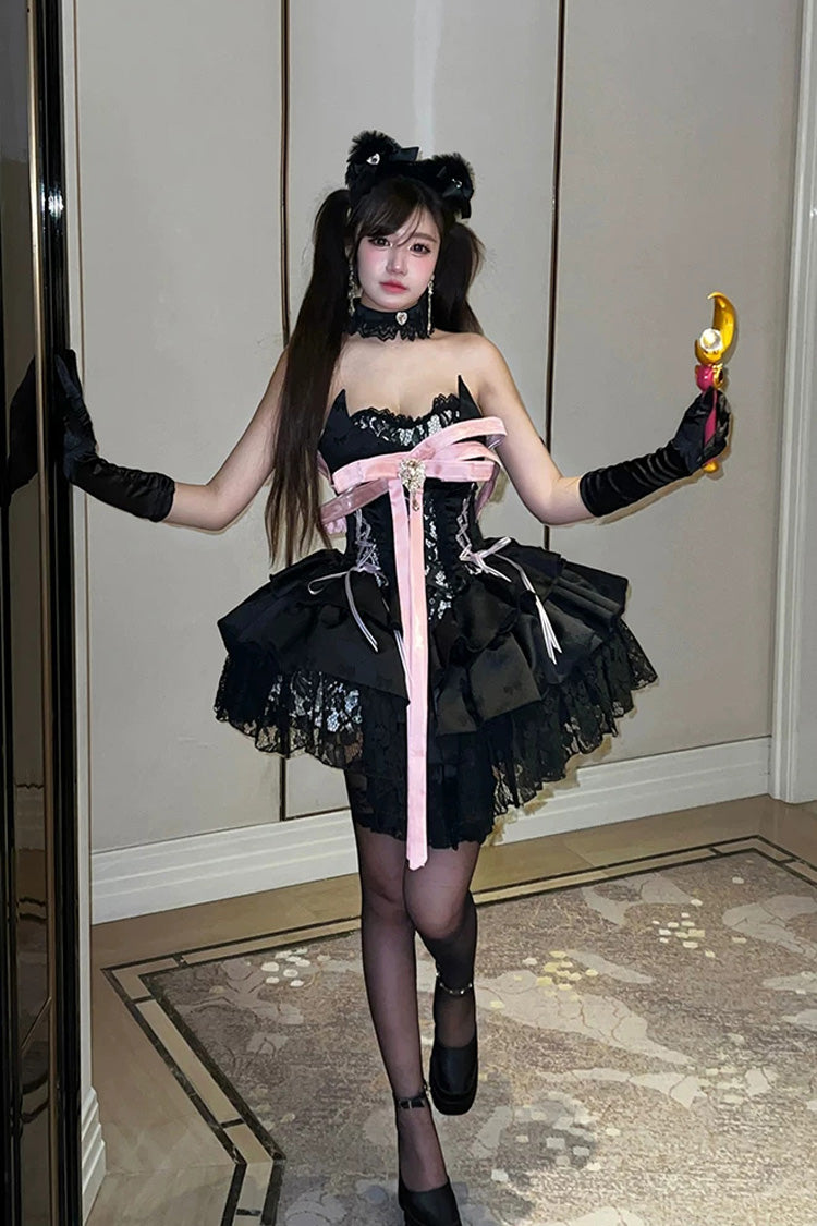 Black [Kitten Sweetheart] Multi-Layered Ruffled Bow Lace-Up Princess Ballet Gothic Lolita Jsk Dress
