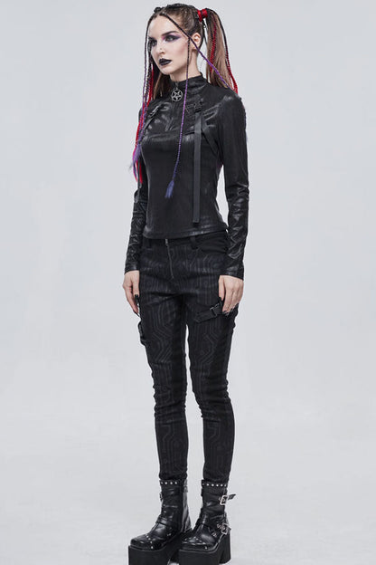 Black Punk Shimmery Stretch Fabric With Zipper Metal Pentagram Pendant Women's Shirt