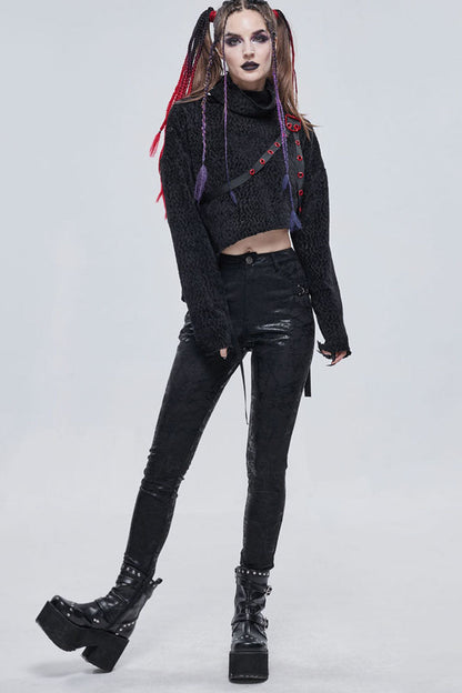 Black Punk Knitted Over Glue Metal Buckle Decoration Elasticity Leather Women's Leggings