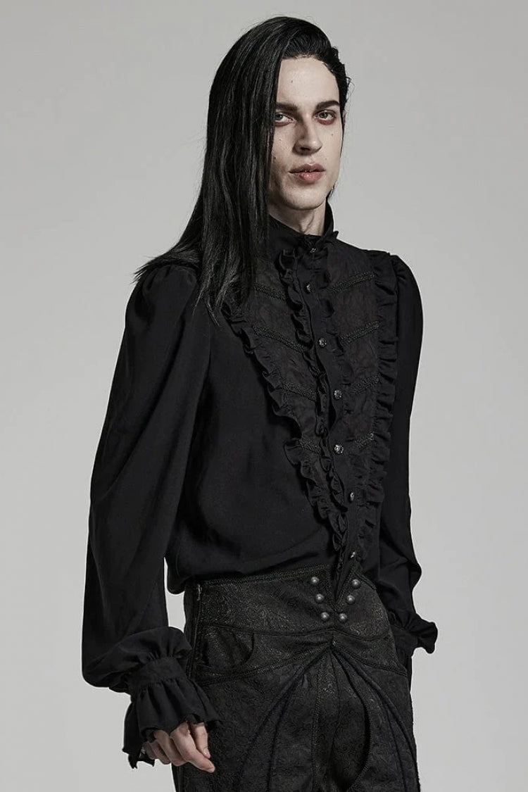 Black Stand Collar Ruffle Webbing Embellishment Mens Gothic Blouse