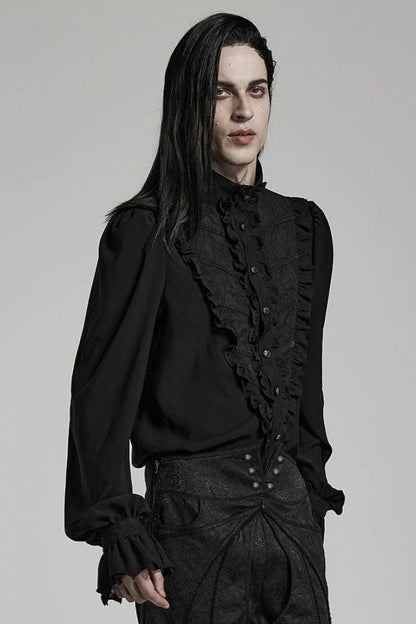 Black Stand Collar Ruffle Webbing Embellishment Mens Gothic Blouse