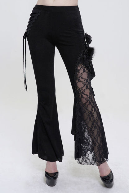 Black Velvet Single Side Stitching Rose Net Side Rope Decoration Asymmetric Pattern Flare Women's Gothic Pants