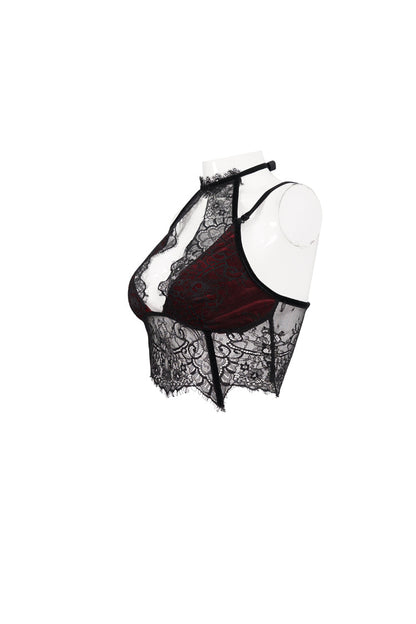 Red Velvet Chest Cutout Lace Hidden Side Zipper Sexy Women's Gothic Halter Lingerie