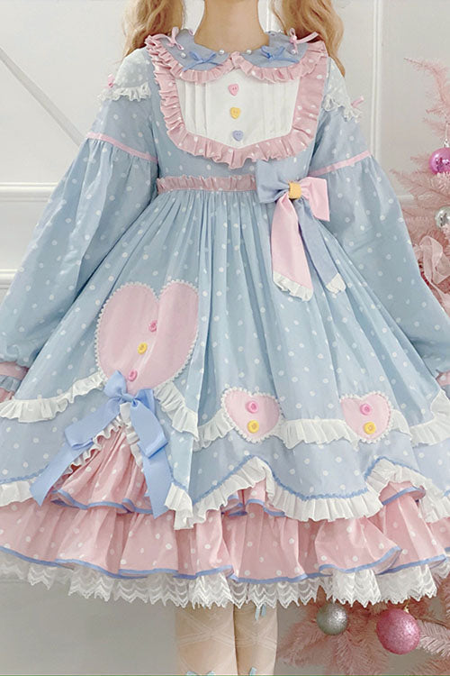 Blue Pop Sugar Bowknot Long Sleeves Love Pocket Decoration Multi-Layer Ruffled Sweet Lolita OP Tiered Dress