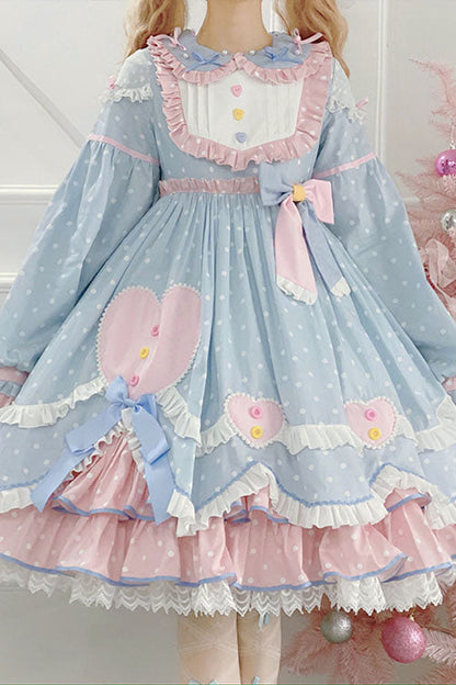 Blue Pop Sugar Bowknot Long Sleeves Love Pocket Decoration Multi-Layer Ruffled Sweet Lolita OP Tiered Dress