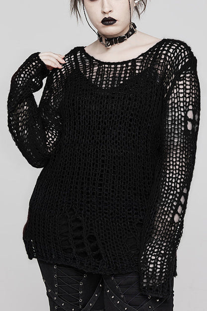 Round Collar Striped Print Irregular Ripped Women's Gothic Sweater 4 Colors