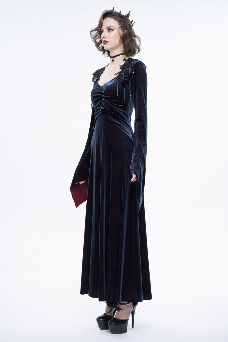 Black/Red Embroidered Fringe Flared Sleeve Long Women's Gothic Dress