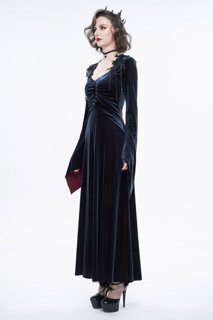 Black/Red Embroidered Fringe Flared Sleeve Long Women's Gothic Dress