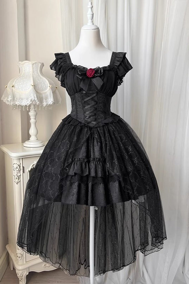 Black Short Sleeves Ruffle Rose Bowknot Elegant Princess Gothic Lolita Tiered Dress