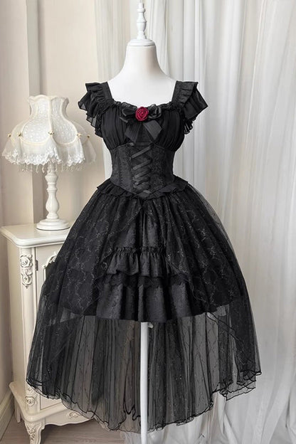 Black Short Sleeves Ruffle Rose Bowknot Elegant Princess Gothic Lolita Tiered Dress