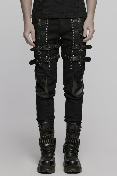 Black Stitching Mesh Buckle Straps Studded Men's Punk Pants