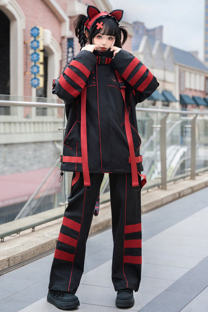 Black/Red Long Sleeves Print Cat Ears Hooded Jirai Kei Handsome Coat
